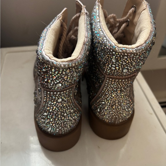 Betsey Johnson Taupe Rhinestone Lace-Up Ankle Boots - Picture 3 of 6